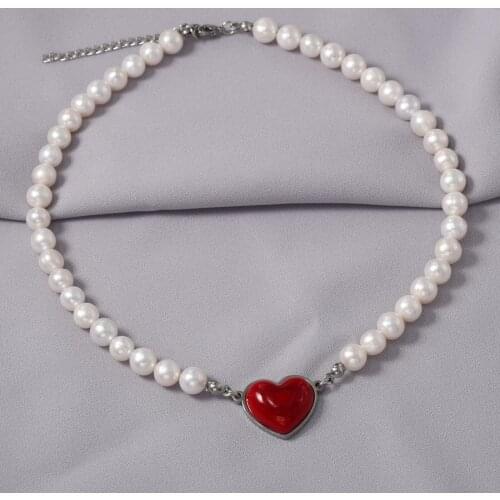Trendy Pearl Jewelry Stainless Steel Heart Charm Necklace Freshwater Pearl 8-9mm Nearly Round Beads Handmade Anti-Rusting Choker