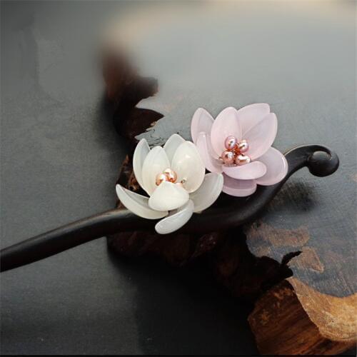 Ebony Hair Stick Fresh Water Pearl Azure Stone Flower Sticks Hair Pin Chinese Jewelry Vintage Wooden Hair Accessories WIGO0789