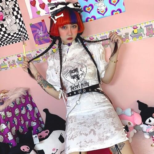 Original Design Mandarin Collar Cartoon Print Slim Dress Short Sleeve Sexy Y2K Cute Hot Girls Sheath Cheongsam