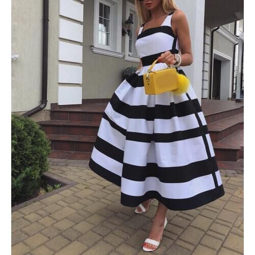 Elegant Dress Women for Wedding Party Midi Striped Sleeveless 2020 Summer A line Fashion Robe Vestidos Femme Dresses Retro Hot