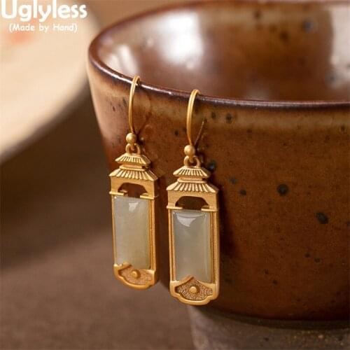 Uglyless High Above Temple Earrings for Women Southeast Asia Style Creative Jewelry 925 Silver Jade Rectangle Earrings Gold Gems