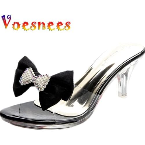 Crystal Outside Slippers Summer Sweet Crystal Butterfly-Knot Women Shoes 2021 Transparent Thin High Heels Wedding Dress Sandals