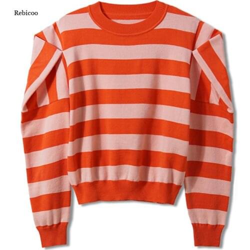 Knit Pullover Striped Women Sweater Slim O-Neck Puff Long Sleeve Basic&Casual Female Warm Fall Winter Althleisure Fashion