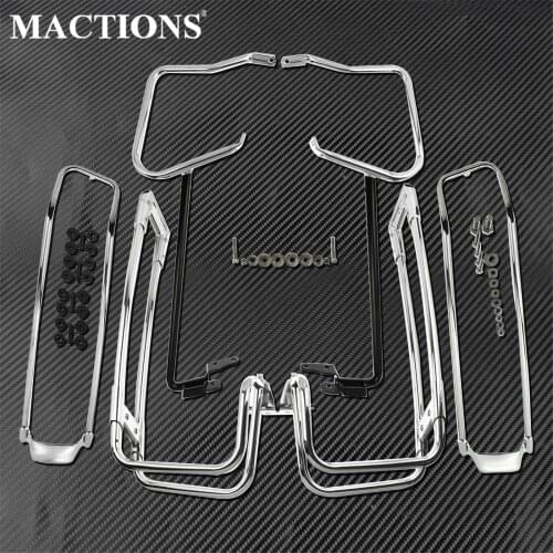 Motorcycle Saddlebag Bracket Guard Set w/ Support Bar+Rear Saddlebag Guards+Lid Rail Guard For Harley Touring Road King 2014-18
