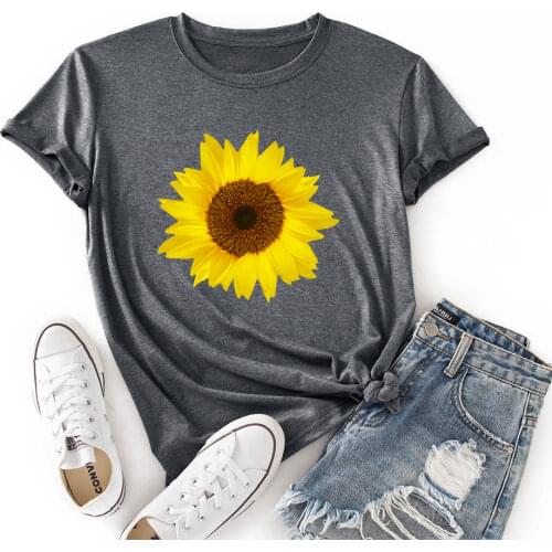 Woman Short Sleeve Colored Graphic Tees Summer T-Shirt Female Tops Shirts for Women Flower Plant Nature Sunflower Top