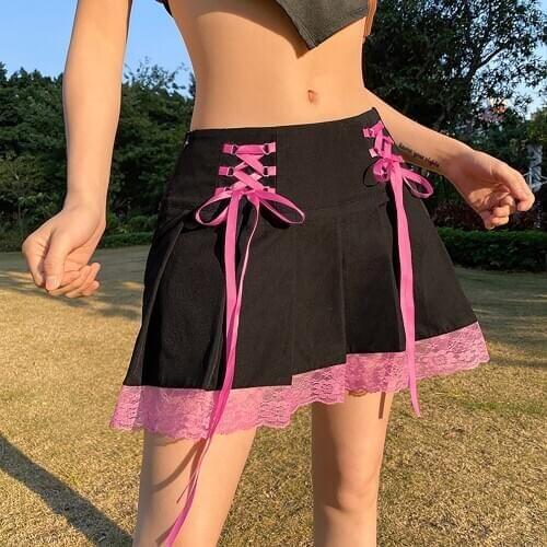 High Waist Women Lace Patchwork Pleated Skirt New Sexy Irregular Bowknot Bandage Skirt Ruffles Harajuku Gothic Mini Short Skirts