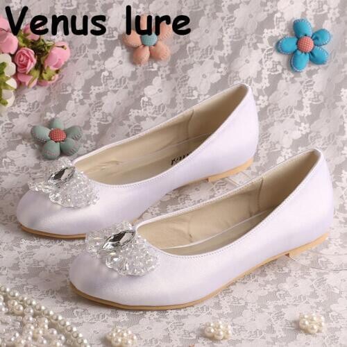Womens White Flat Dress Shoes for Wedding Closed Toe Ladies Crystal Fashion Flats