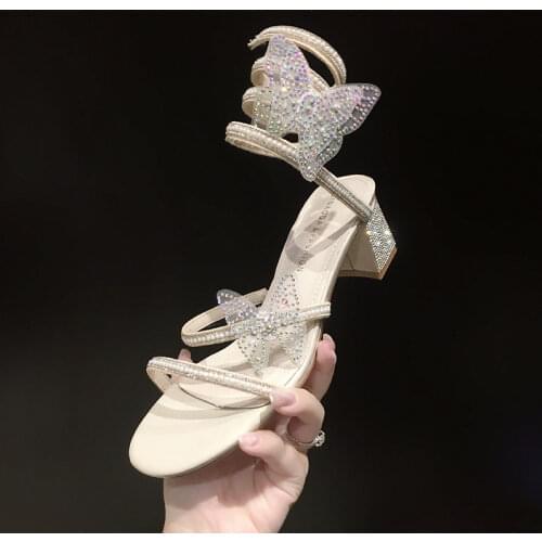 2021 Summer New Heeled Tie Leg Butterfly Ankle Strap Women Sandals With Micro-Rhinestones