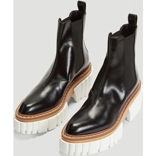 Genuine leather Women Ankle Boots New 2021 Autumn Winter Warm Boots High Heel Pointed Toe Black Shoes Woman Casual Chelsea Boots