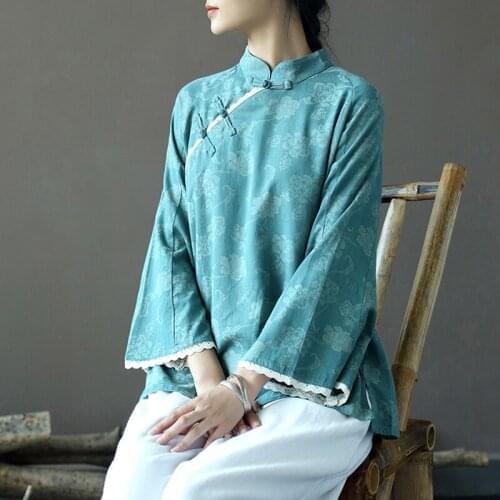 Johnature Women Cotton Shirts Vintage Original Jacquard Autumn Tops Stand High Quality Female Blouses 2021 Fall Button Shirts