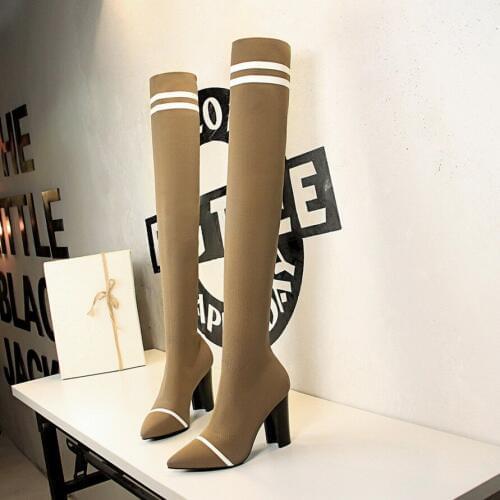 2020 New Hot Women Boots Autumn Winter knitting 9CM Square heel sexy high-heeled tines knee-high Long Boots