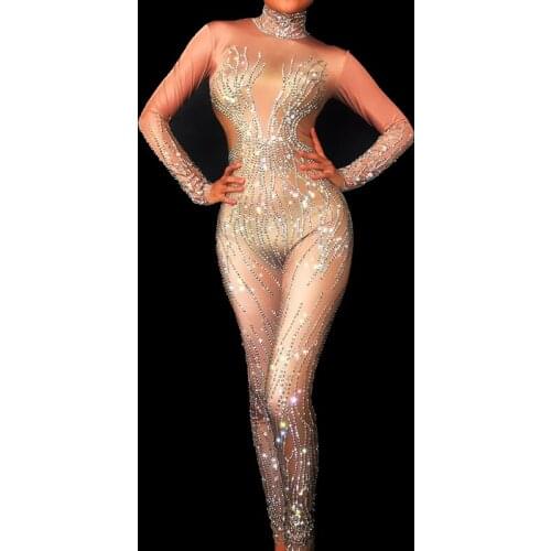 Bling Silver Crystals Nude Sequin Jumpsuit Sexy Club Bar Wear Rhinestones Rompers Women Jumpsuit Prom Birthday Party Outfits