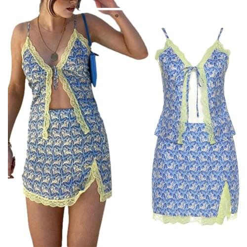 2Pcs Women Summer Outfit, Butterfly Print Lace Trim Open Tank Tops + High-Waist Slit Skirt for Girls, Blue