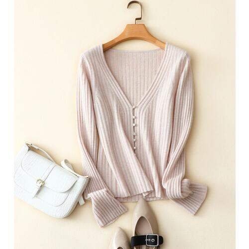 Ribbed knitted 100% cashmere v neck pink sweater women autumn casual buttons long sleeve fashion knitwear