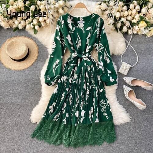Young Gee 2021 Women Vintage Print Dress Spring V-neck Lantern Sleeve Long Robe Fashion Chic Flower Streetwear Midi Dresses robe
