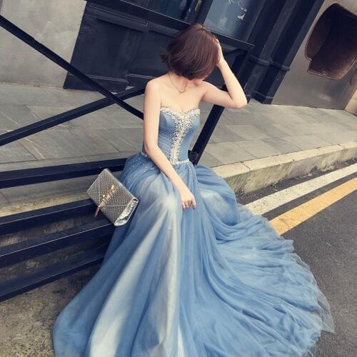 New Fashion Sweetheart Court Train Long Blue Dress Beading Crystal A-Line Woman Long Dress Elegant Evening Tulle Caftan Dress