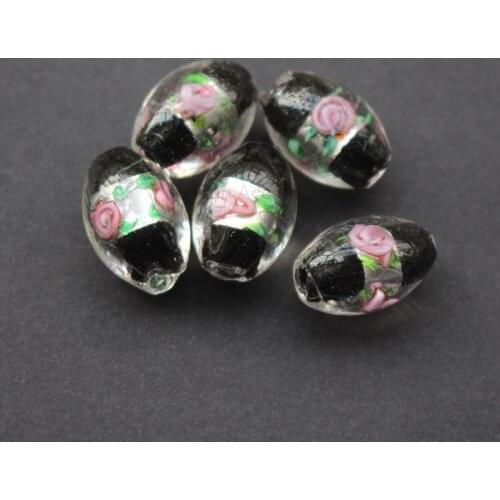 20pcs/lot 17*11mm Lampwork Glass Beads Oval Shape Flower With Silver Color Foil Black Color for jewelry making
