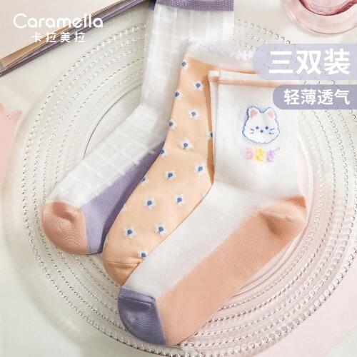 2021 Caramella Womens Socks 3 Pairs/Lot Pink Cartoon Cat Pattern Girl Socks Cotton Ice Silk Thin Socks for Spring and Summer
