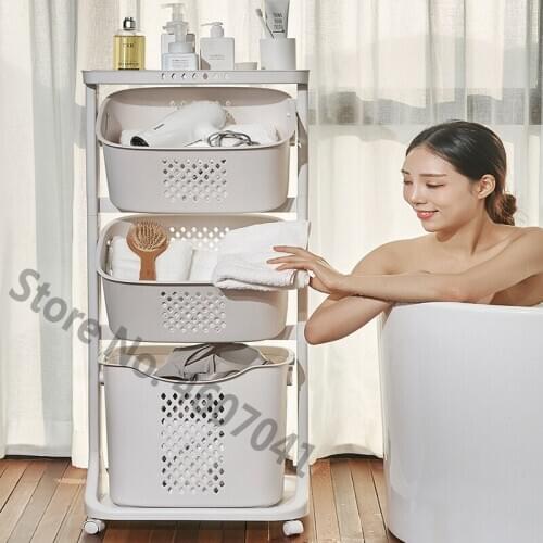 3 Layers Bathroom Waterproof Storage Basket Kitchen Storage Basket Plastic Living Room Rack Wheeled Laundry Removable Baskets