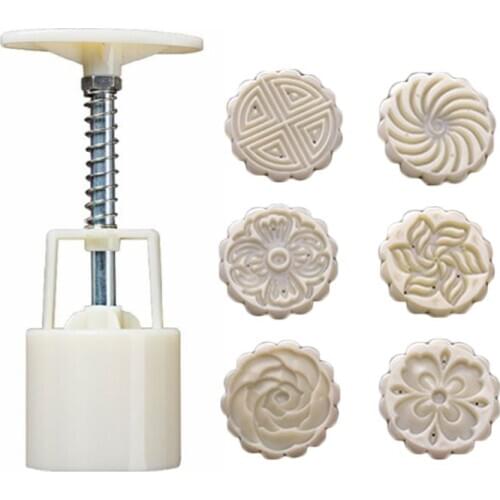 50g Mooncake Mold with 6pcs Flowers Stamps Hand Press Moon Cake Pastry Mould DIY Bakeware