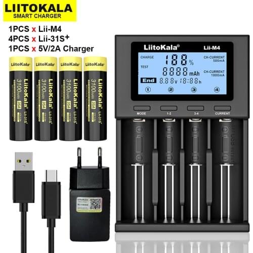 4PCS New LiitoKala Lii-31S 18650 Battery 3.7V Li-ion 3100mA 35A Power Battery For high Drain Devices.+Lii-M4 Charger 5V 2A