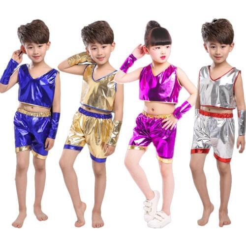 2PCs Shining Kids Student Cheerleader Costumes Jazz Ballroom Dance Costumes Boys Girls Vest+shorts Clothing Set Stage Wear