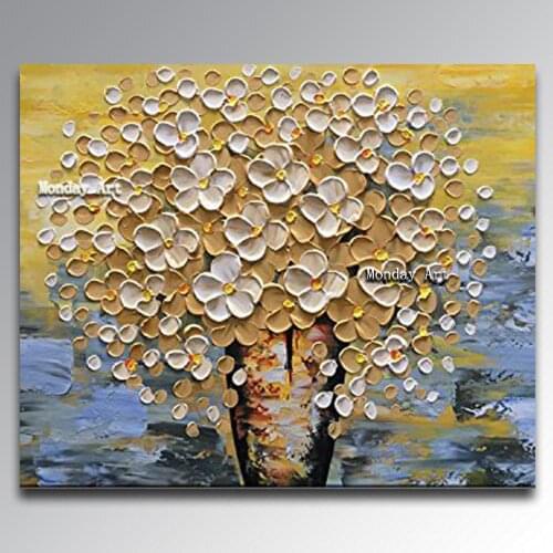 Big Hand painted modern golden money flower Paintings knife Flower Oil Hand Painting On Canvas wall art picture for living room