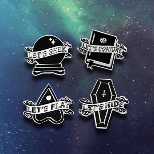 Brooches "Lets Conjure,Seek,Hide,Play"Black Crystal Ball Coffin Heart Magic book Brooch Black Magic Series Jacket Pin Jewelry