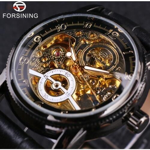Forsining Royal Hollow Retro Design Black Genuine Leather Strap Black Bezel Mens Watch Top Brand Luxury Automatic Skeleton Watch