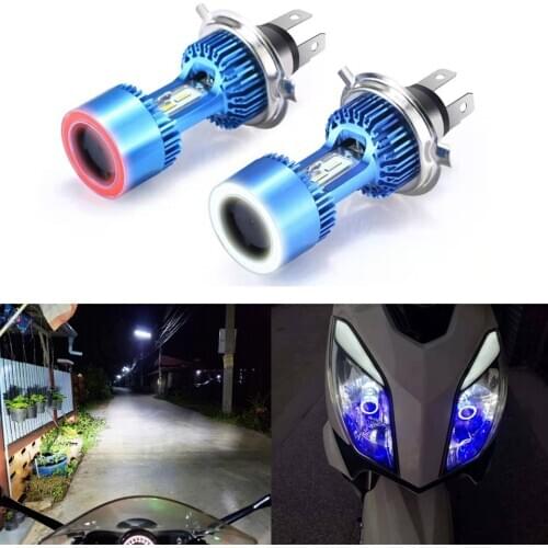 Hi-Low Beam H4 Motorcycle Headlight EMC Blue/Red Angle Eye Lamp LED Motor Headlamp Super Bright Auto Scooter Light White 12/24V