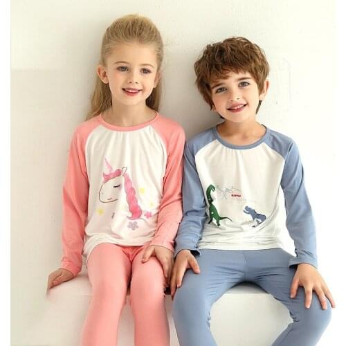 Kids Children Pajamas Set Long Sleeve Dinosaur Unicorn T-shirt and Pants 2pcs Homewear Sleepwear Sets