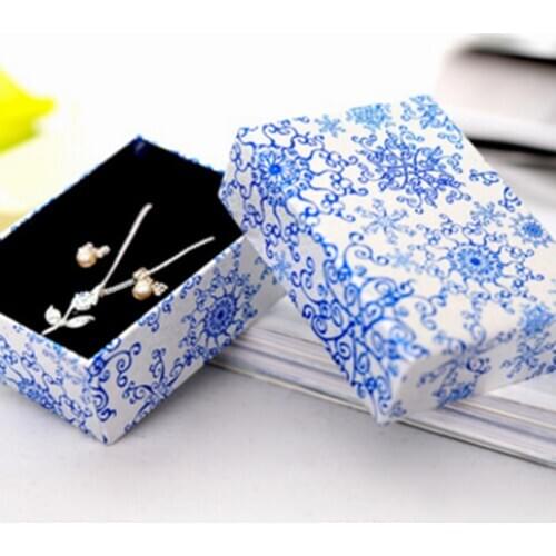 DoreenBeads Jewelry Box Wholesale Blue & White Flower Pattern Ring Earrings Boxes Gift Packaging Display 8.5*6.5*3.5cm 1 Piece