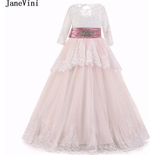 JaneVini Elegant Lace Pageant Flower Girl Dresses with Sleeves A Line Beaded Sashes Floor Length First Communion Dress for Girls