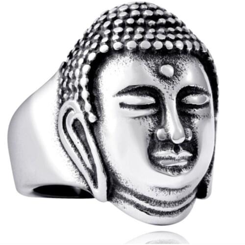 Punk Fashion Gold Solemn Buddha Portrait Buddhist Amulet Rings for Men