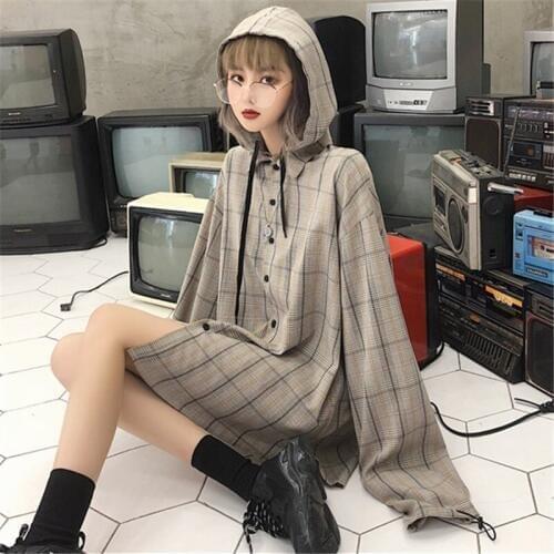 Fashion Jacket Women Long Sleeve Harajuku Mori Windbreaker Coats Loose Outwear Streetwear Casual Retro Plaid coat Hooded Jackets