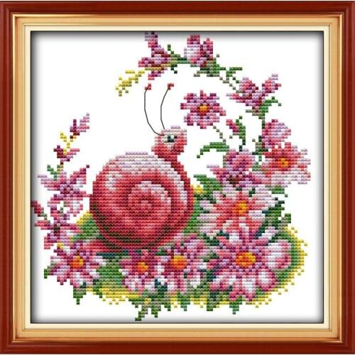 A snail and beautiful flowers cross stitch kit cartoon 11ct count canvas stitches embroidery DIY handmade needle wall home decor