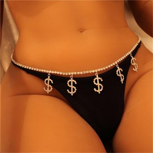 Novelty Dollar Sign Pendant Waist Chain Belt For Women Fashion Rhinestone Tennis Chain Jewelry Gift