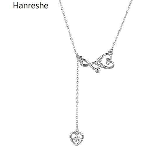 Hanreshe Heart-shaped Stethoscope Medical Pendant Necklace Silver Color Layered Stainless Steel Metal Crystal Choker For Woman