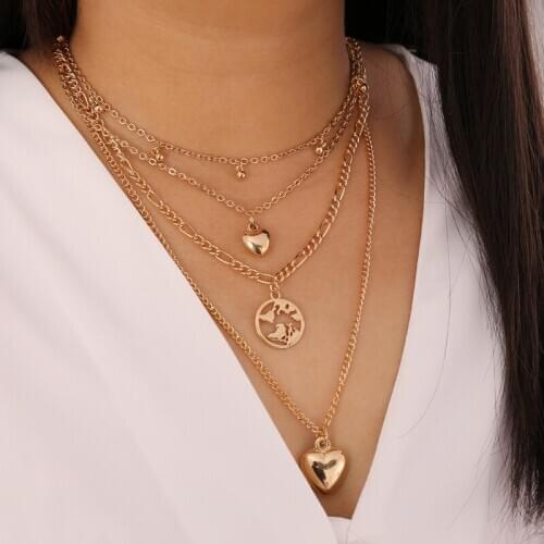 COWBREAD Popular Multi Layered Women Necklace Water Drop Necklace Love Map Chain Neck Retro Creative Female Jewelry