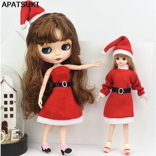 Handmade Merry Christmas Outfit For Blythe Doll Dress & Red Hat High Heels Shoes Clothes For Barbie 1/6 Doll Accessories