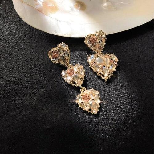 FYUAN Long Heart Asymmetry Earrings for Women Korean Style Crystal Drop Earrings Wedding Jewelry Gifts