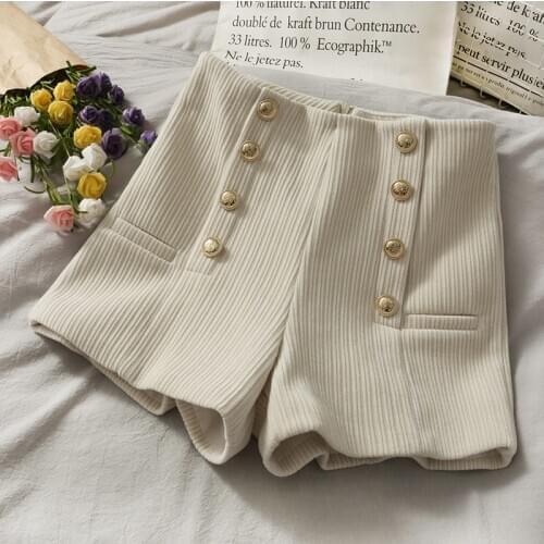 Retro Double Breasted Shorts Women Spring 2021 New Female High Waist Wide Leg Shorts All Match Short Trousers