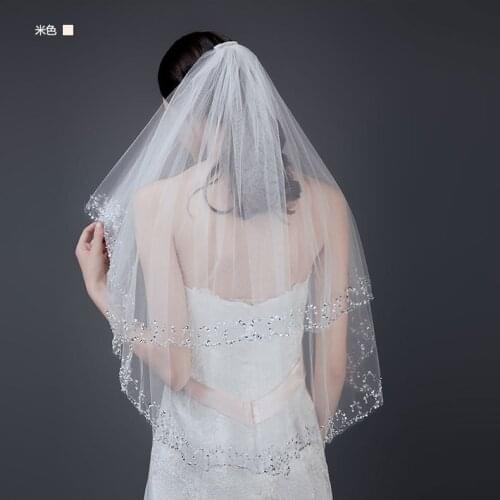 Wedding Simple Tulle White Color Two Layers Bridal Veil Beaded Edge Cheap Bride Accessories Women Veil with Comb