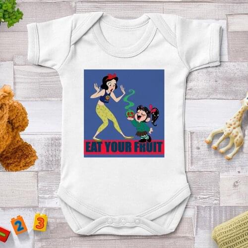 Eat Your Fruit Funny Baby Rompers Newborn Summer White Jumpsuits Snow White Disney Princess Printed Baby Girl Tops Bodysuits