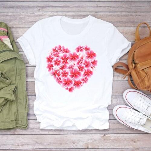 Graphic Female Tee T-Shirt Womens T-shirts Ladies Short Sleeve Love Heart Valentine Flower Floral Women Print Ladies Top T