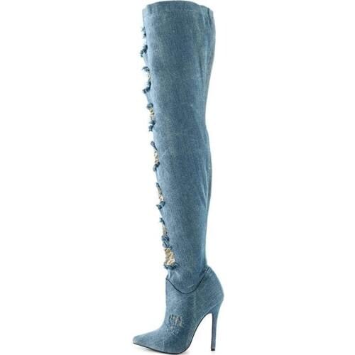 Women Boots Thin Heels High Heel Over The Knee Boots Lace Splicing Cowboy Denim Boot Spring Autumn Holed Thigh Boots Blue Shoes