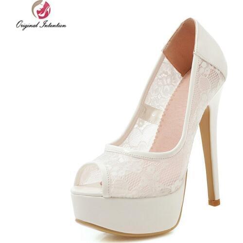Original Intention Party Women Pumps Mesh Sexy Platform Peep Toe Thin High Heels White Black Pink Pumps US Size 3-10.5