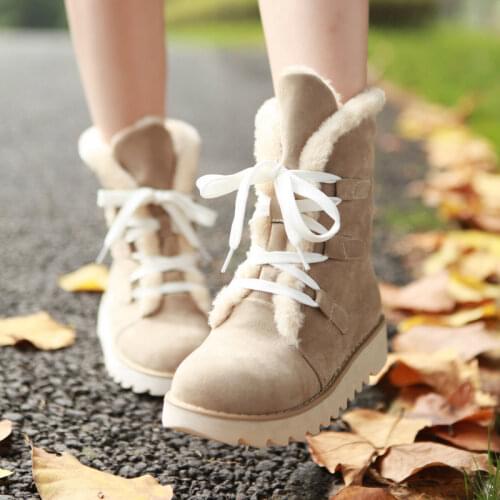 2021 Winter Warm Women Snow Boots Ankle Faux Suede Full Fur Lining Fluffy Furry Platform Wedge Heel Cross-tied Lace Up Shoes