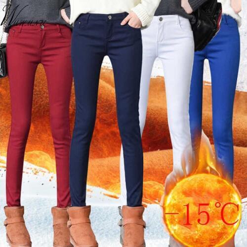 High waist warm winter jeans women mom plus size White Denim pants Candy colors skinny jeans push up Female Thicken trousers