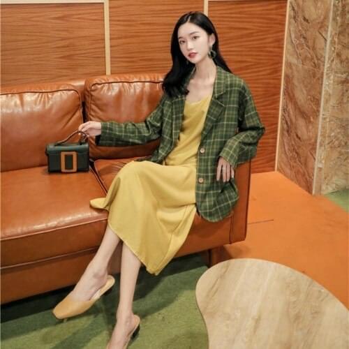 Spring Autumn Green Plaid Single Button Vintage Retro Elegant Loose Outerwear Female Lady Women Blazer Suit